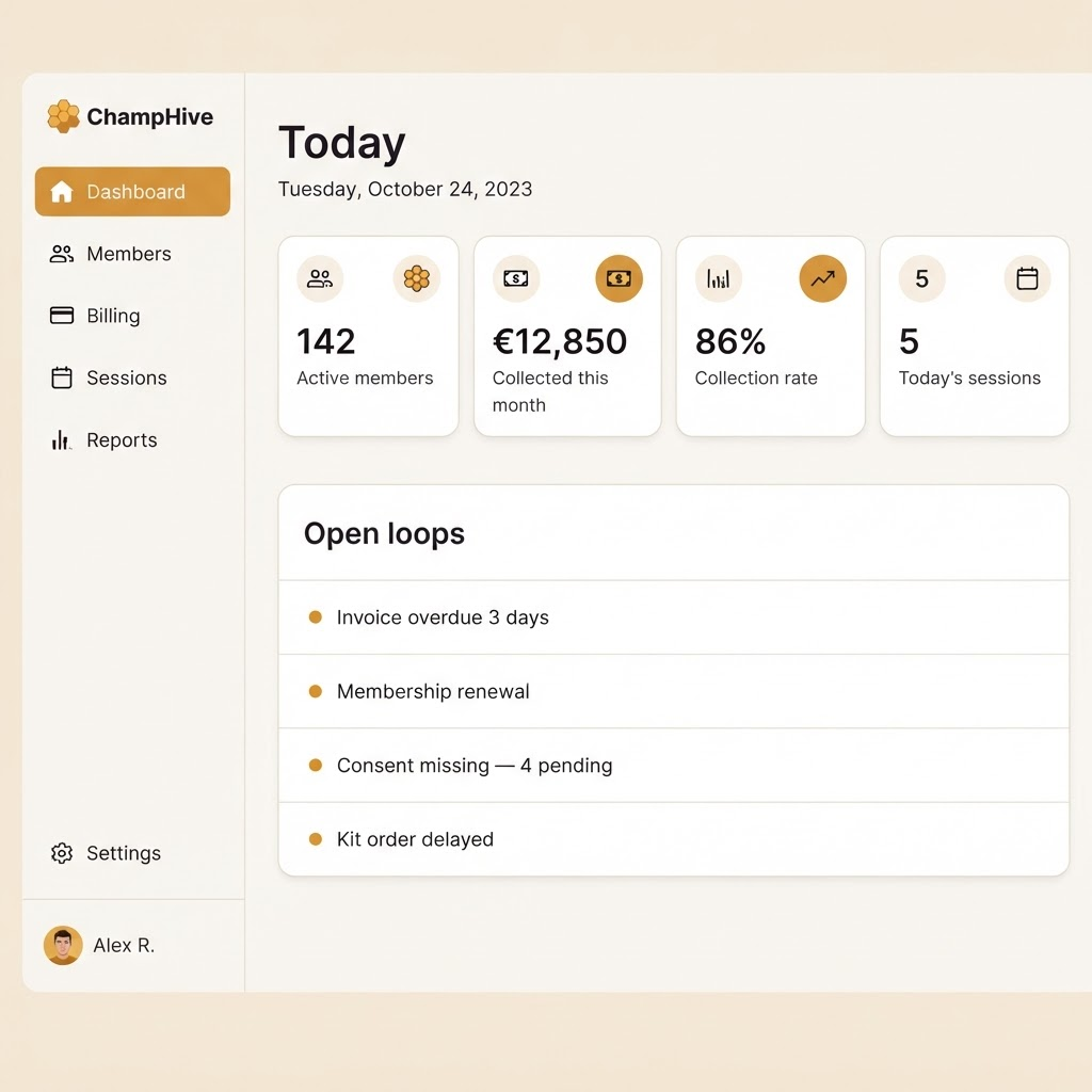 ChampHive Today screen: active members, collected this month, collection rate, today's sessions, and an Open loops row underneath.